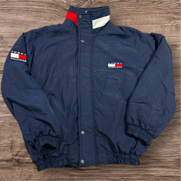 VTG Tommy Hilfiger Navy Blue Puffer Jacket LARGE Neck Print Mens XL